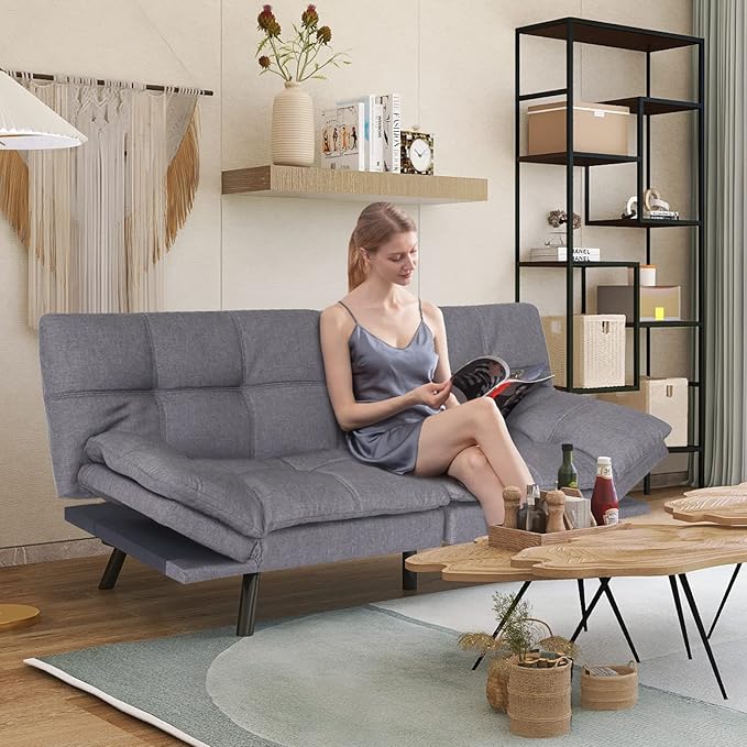 Opoiar Futon Sofa Bed Grey Fabric Memory Foam Leather Futon Split SeatModern Sleeper Love SeatFolding Modern Sleeper Sofa for Small Space/Drom/Office/Apartment