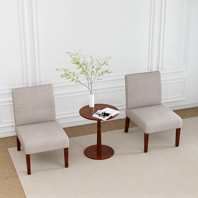Set of 2 Accent Chairs with Matching Table Linen Upholstered Solid Wood Side Chairs for Living Room Bedroom Waiting Room Guest Lobby Beige