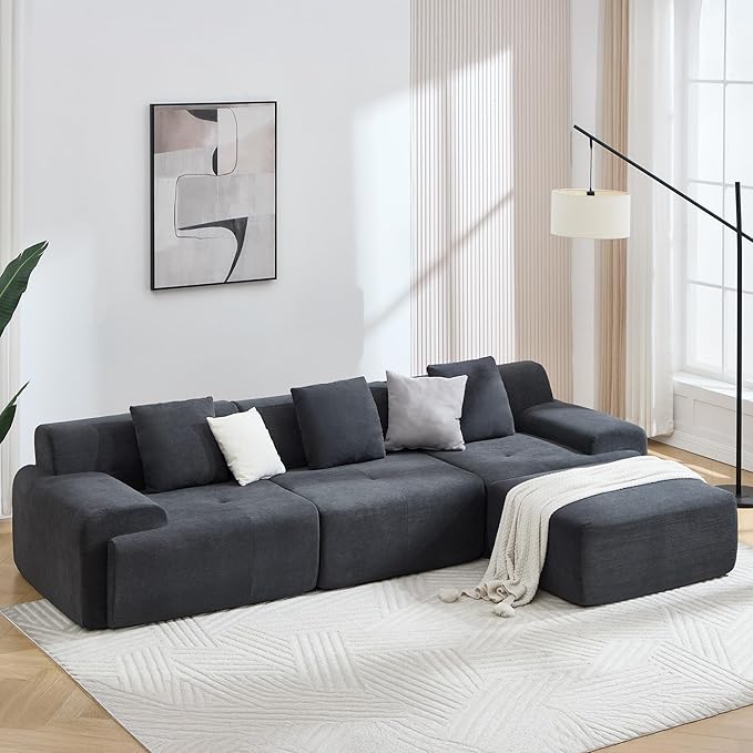 L-Shaped Boneless Modular Sectional Sofa 122 Modern Corduroy Upholstery Couches for Living Room Oversized 3-Seater Cloud Couch with Deep Seat and Movable Ottoman No Assembly Dark Grey