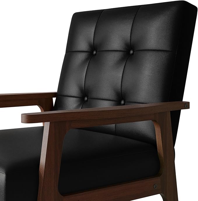 Accent Chair with Button-Tufted Polyurethane Upholstery Wooden Armrests Cushioned Seat Easy Assembly Black