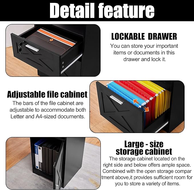 60 L Shaped Executive Desk with Printer SpaceCorner Computer Desk with Power OutletsLockable Drawers &amp Adjustable File CabnetL Shaped Office Desk with Monitor Stand (Black)
