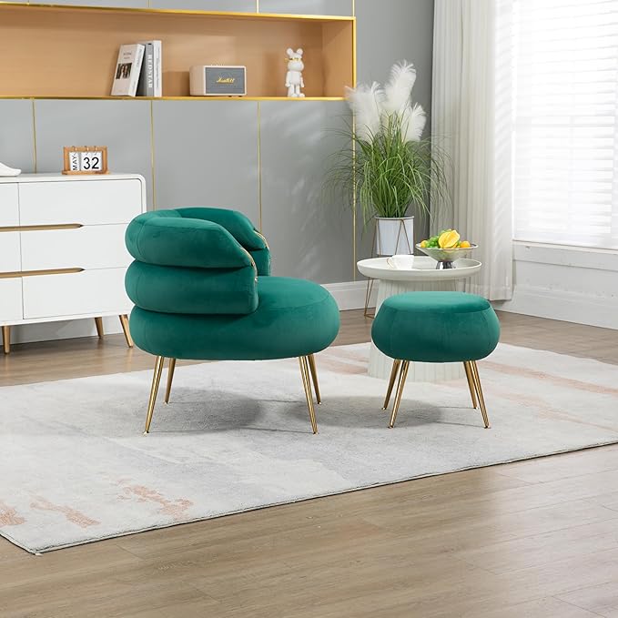 Velvet Oversized Armchair Accent Chair with Ottoman Mid-Century Modern Living Room Chairs Single Sofa Chair with Metal Legs Upholstered Tufted Reading Chairs for Bedroom Office (Green)