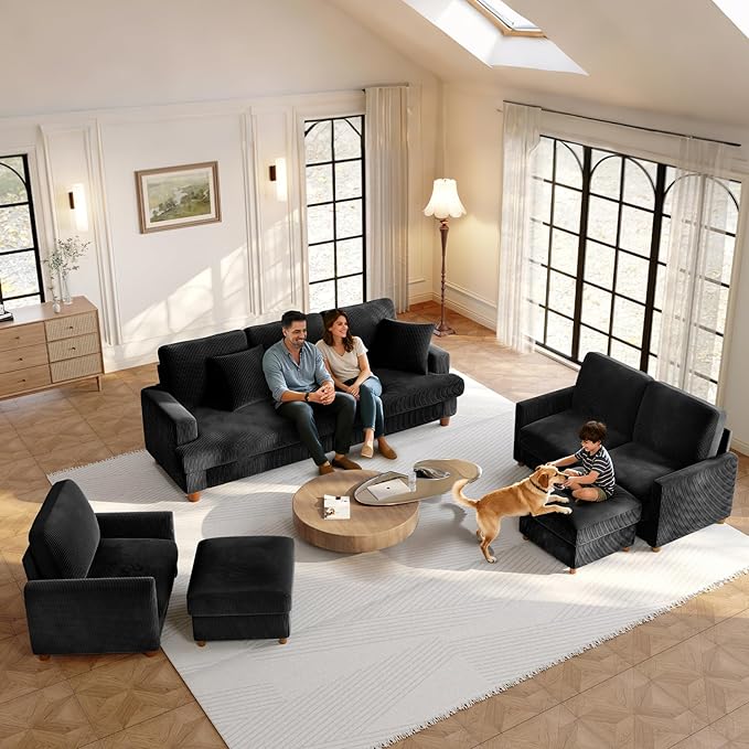 25.2 Couches for Living Room Comfy Black Ottoman with Storage Foot Rest Tool-Free Setup Small Ottoman Foot Rest for Couch Corduroy Couch for Bedroom Apartment Office