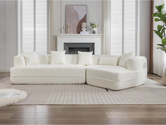 KEIKI 128 Oversized Modular Boucle Sectional Sofa with Flared Armrest Modern Minimalist Style 3-Seater Reversible Combination Couch Easy Assembly for Apartment Living Room Bedroom Creamy White