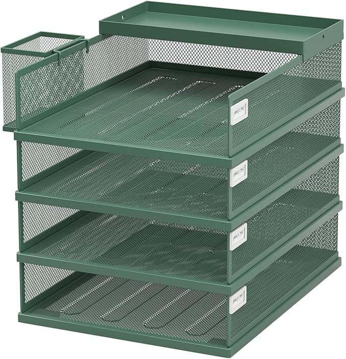 Stackable Letter Trays 4 Tier Metal Paper Tray &amp Desk Organizer Stackable File Trays for Office &amp Home Multi-Functional Document Tray with Fine Grid Design &amp Magnetic LabelsGreen