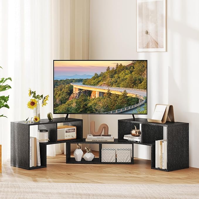 GOFLAME 3 Pieces TV Console Stand Modern Entertainment Center for 50 55 60 65 Inch Flat Screen TV Free Combination Bookcase for Storage &amp Display Suitable for Living Room (Black Wood Grain)