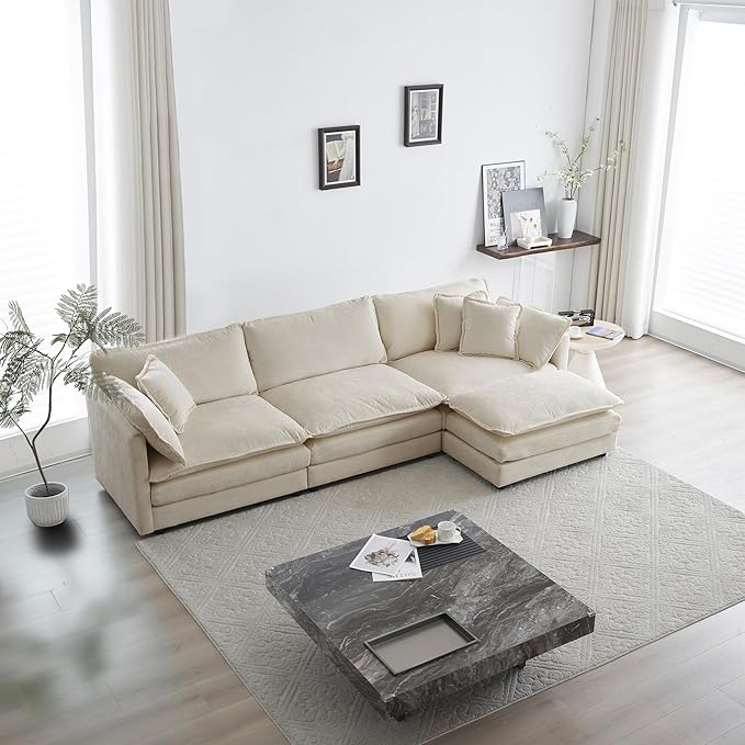 mikibama Modular Sectional Sofa 111.5 Inch L Shaped Couch Set for Living Room 3-Seater Comfy Cloud Couches with Movable Ottoman DIY Combination Chenille Light Coffee