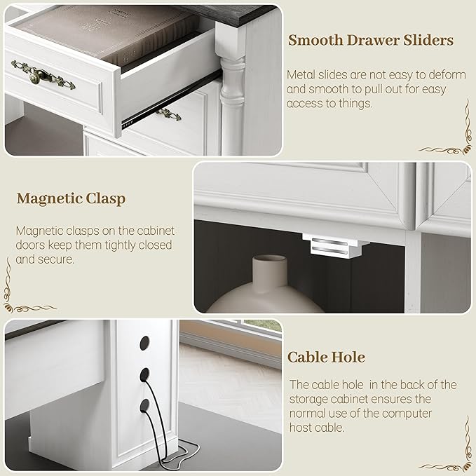 60 Farmhouse Executive Desk with Charging Station Home Office Desk with Drawers &amp File Cabinet Storage Keyboard Tray Wood Computer Desk with Storage for Work and Study Antique White