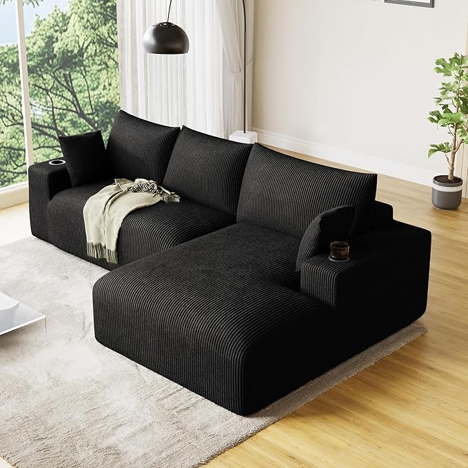 113 Modular Sectional Sofa Cloud Couch Modern Deep Seat Fluffy Corduroy Boneless Couch with Cup Holder Comfy L Shaped Sectional Couches for Living Room Bedroom. (Right Facing Black)