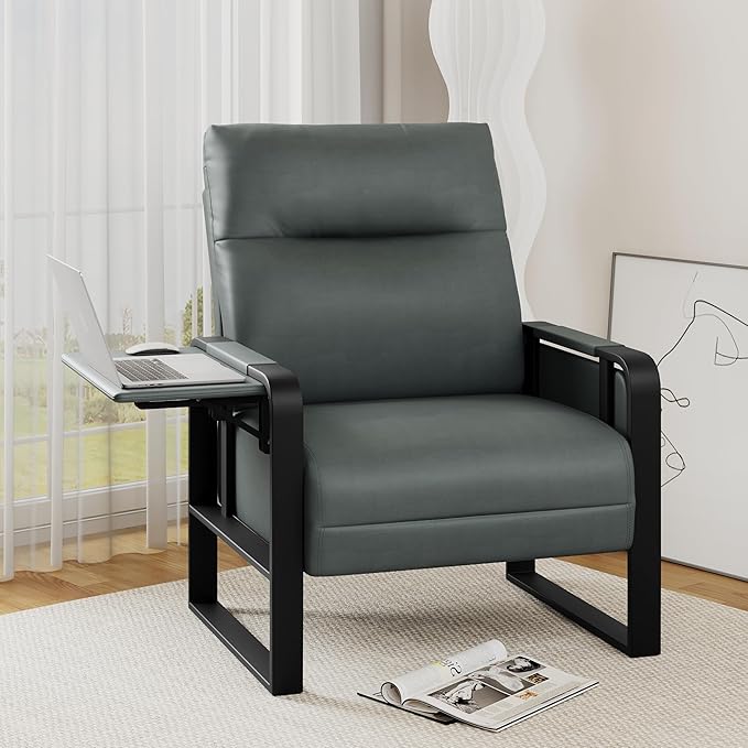 Upholstered Living Room Chair Armchair Set of 2 Mid Century Faux Leather Metal Accent Chair Reception Couch Slipper Club Lounge Chair Guest Comfy Single Sofa with Sidetable-Dark Grey