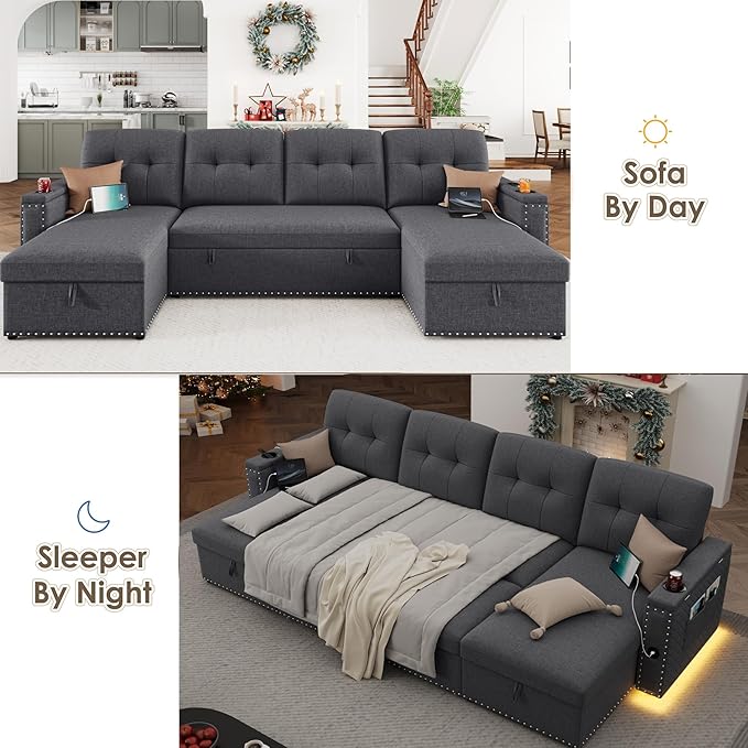 HIFIT 106 Sectional Couches for Living Room- Pull Out Sleeper Sofa Couch w/Storage ChaiseStorage ArmrestLED Light&ampUSB Port&ampCupholder Modern Linen U Shaped Home Sofa Living Room Furniture S