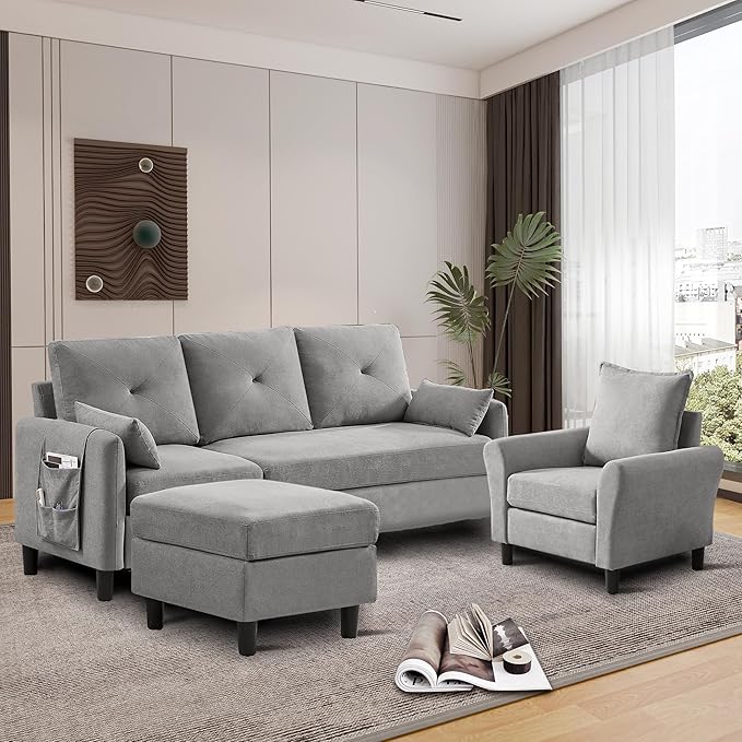 2 Piece Sectional Sofa Set Modern Convertible Sectional Sofa 3 Seat L Shaped Sofa and Chair with Storage Ottoman for Living Room ApartmentLight Grey