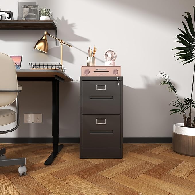 2 Drawer Metal File Cabinet with Lock Small Filing Cabinet Organizer for Home Office Under Desk Storage with Locking DrawersAssembly RequiredBlack