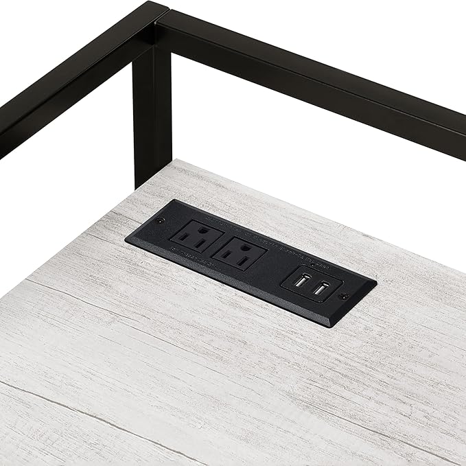 24/7 Shop at Home Kestrel Industrial 1 Shelf Metal Writing Desk with USB Port Power Outlet for Workstation Home Office Study Room Antique White and Matte Black