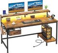 39.3Inch Office Desk with Power Outlet &amp Drawer Gaming Desk with CPU Stand&amp LED LightsComputer Desk with Ergonomic Monitor Stand for Small SpaceRustic Brown