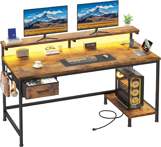 39.3Inch Office Desk with Power Outlet &amp Drawer Gaming Desk with CPU Stand&amp LED LightsComputer Desk with Ergonomic Monitor Stand for Small SpaceRustic Brown
