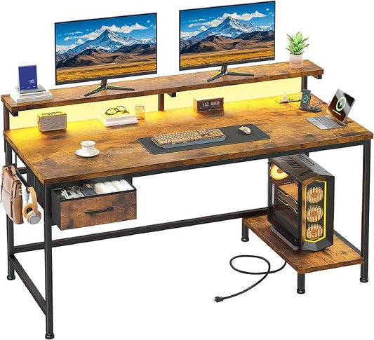 39.3Inch Office Desk with Power Outlet &amp Drawer Gaming Desk with CPU Stand&amp LED LightsComputer Desk with Ergonomic Monitor Stand for Small SpaceRustic Brown