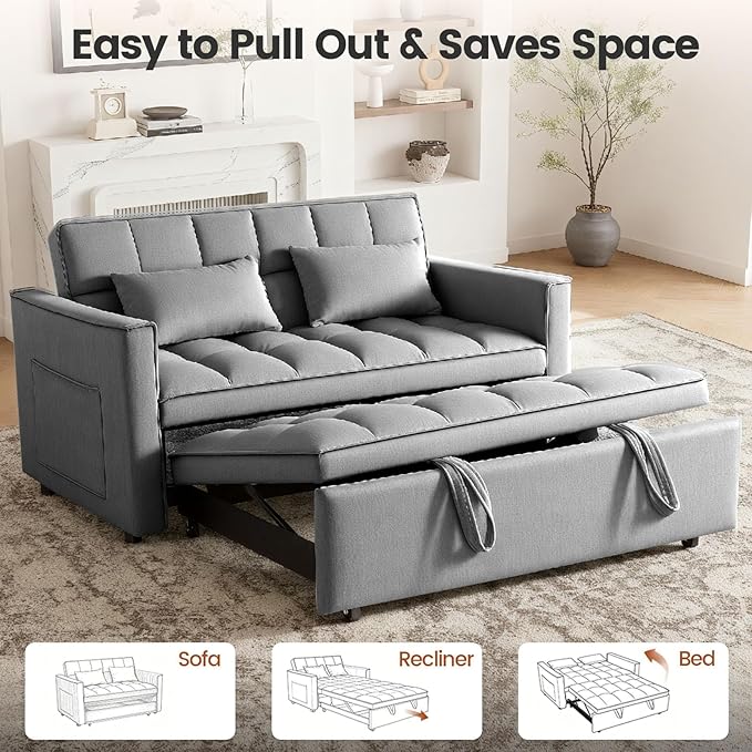 3 in 1 Sofa Bed Love Seat Sleeper Bed with Side Pockets Velvet Fabric Pull Out Couch with Adjustable Backrest for Living Room Bedroom Apartment Deep Gray