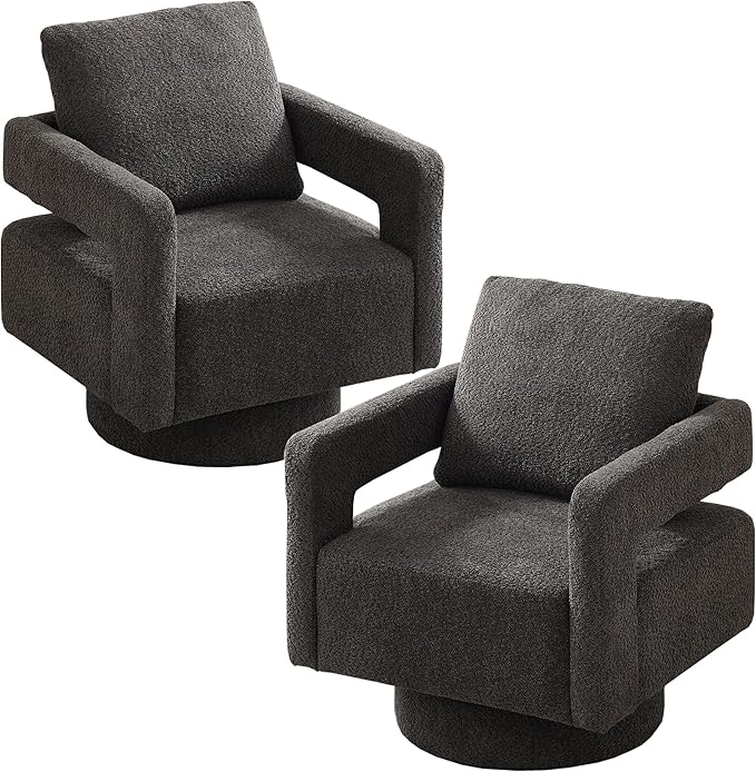 Setawix Boucle Swivel Barrel Chairs Set of 2Fuzzy Swivel ArmchairModern 360°Rotation Accent Arm Chair with Open ArmsSherpa Single Sofa Club Chair for Living RoomBedroom. (Charcoal 2PC)