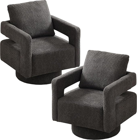 Setawix Boucle Swivel Barrel Chairs Set of 2Fuzzy Swivel ArmchairModern 360°Rotation Accent Arm Chair with Open ArmsSherpa Single Sofa Club Chair for Living RoomBedroom. (Charcoal 2PC)