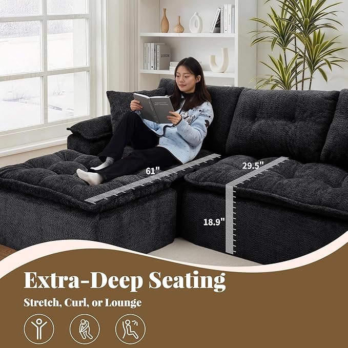 110 Modular Sectional Sofa Cloud Sectional Couch with Ottoman Modern L Shaped Sofa with Deep Seat Upholstered Boneless Couch for Living Room with Layered Cushion No Assembly Black