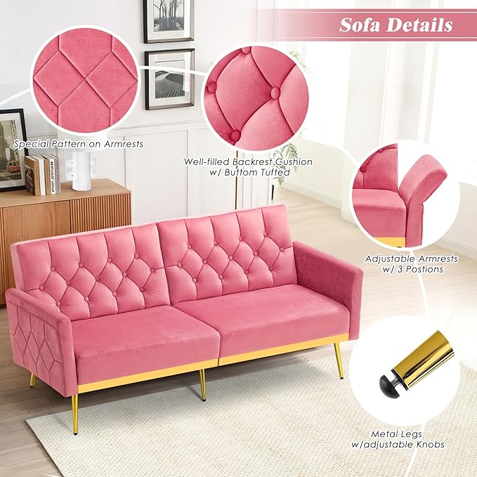 Velvet Futon Sofa Bed w/Adjustable Armrests &amp Backrests Button Tufted Sleeper Couch Modern Convertible Loveseat Sofa for Bedroom Living Room Apartment Pink