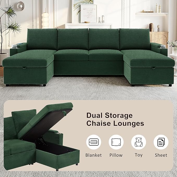 109.5 Sectional Sofa Convertible Pull-Out Sofa Bed with 2 Storage Chaise Lounges and Cup Holders Chenille Fabric U-Shaped Couch with Storage Boxes &amp USB Ports for Living Room (Green-9.19)