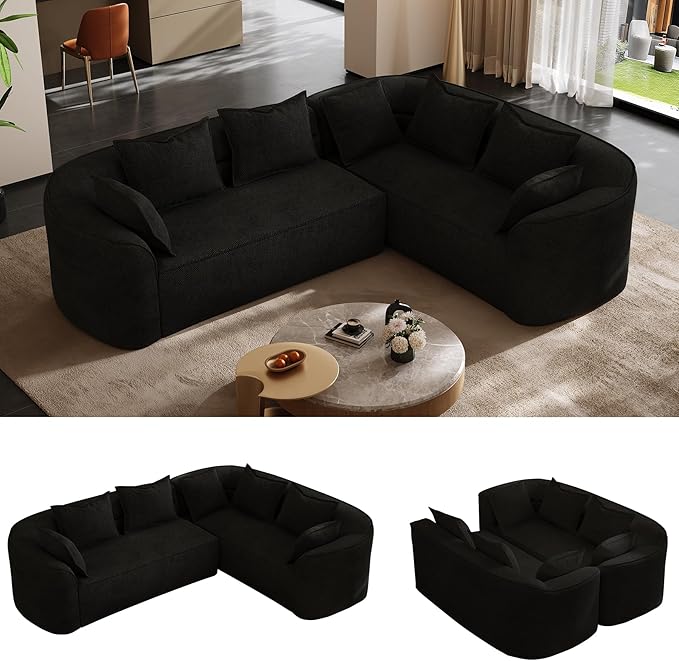 OUYESSIR 111 Oversized Sectional Sofa for Living Room Modern Luxury Chenille 4-Seater Couch Extra Deep Seat L-Shape Curved Cloud Couch with 7 Throw Pillows Black