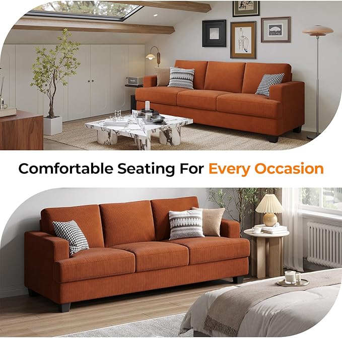 89 Inch Sofa with Extra Deep Seats Oversize 3 Seater Sofa for Living Room Modern Couch and Sofa Comfy Armrests and Seats and Backrests Easy Installation Corduroy Fabric Rust
