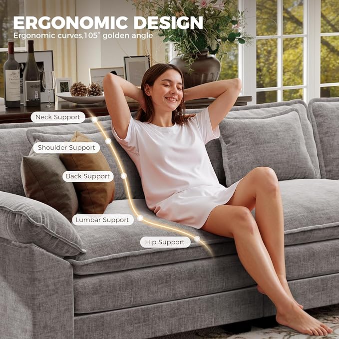 CDCASA 117 Oversized Modular Sectional Sofa with Corner Comfy L-Shaped Cloud Couch w/Ottoman 5-Seater Chenille Deep Seat Modern Sofa Couch for Living Room DIY Combination Grey
