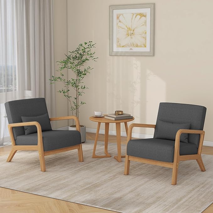 Accent Chair Mid Century Modern Armchair with Pillow Upholstered Lounge Sofa Reading Side Chair for Living Room Bedroom（Dark Grey Set of 1