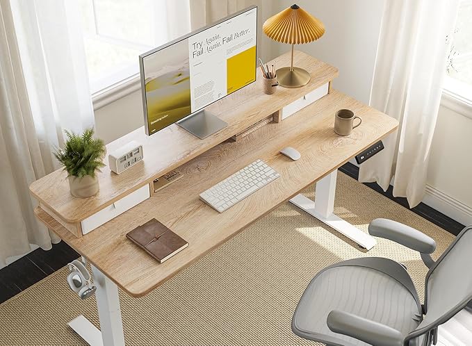 FEZIBO 55 x 24 Inch Height Adjustable Electric Standing Desk with Double Drawer Computer Desk Home Office Stand Up Table with 4 Height-Adjustable Feets &amp 2 Hooks Maple