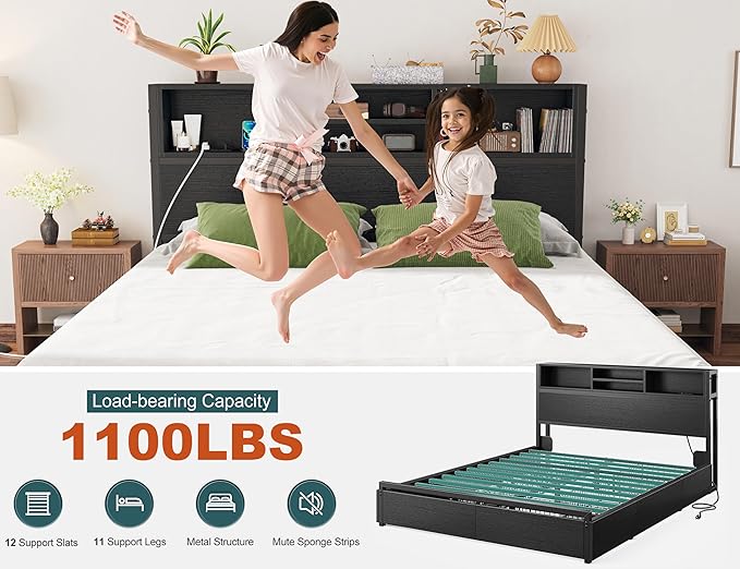 EnHomee Queen Bed Frame with 6 Storage Drawers Queen Size Bed Frame with Headboard Storage Bed with Charging Station No NoiseNo Box Springs NeededBlack