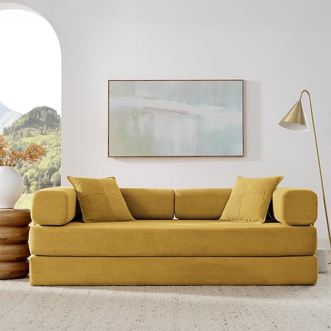 4-in-1 Folding Convertible Sofa Bed 78 Inch Boneless Couch with Fixed-Shape Frame Corduroy Loveseat Sleeper with Pull Out Bed Floor Sofa Modular Futon Couch for Living Room Bedroom Lounge (Yellow)