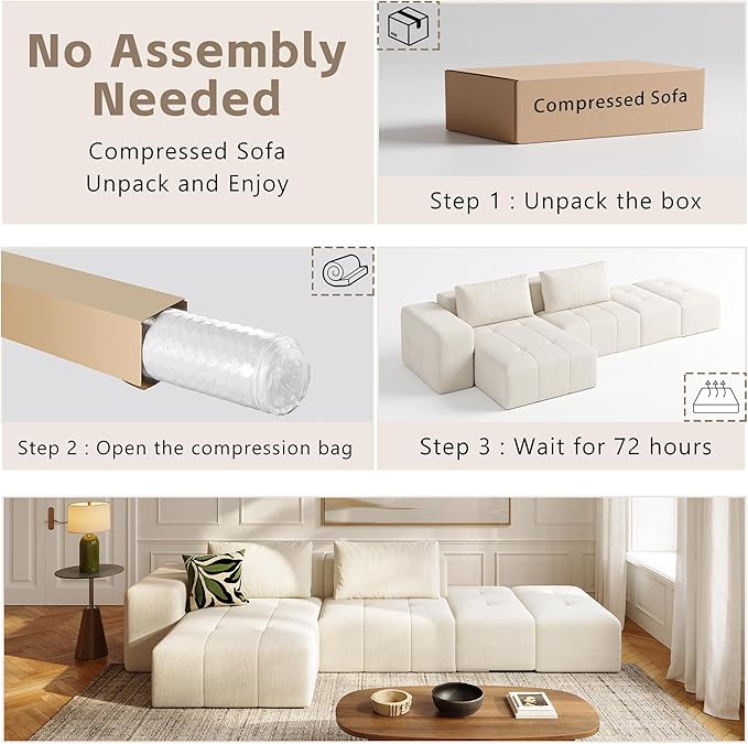 141 Cloud Sectional Couch for Living Room Oversize Boneless Modular Sectional Sofa with Deep Seat L Shaped Modern Cloud Sleeper Sofa Bed with Chaise Beige White