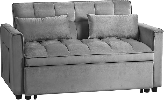 Modern Velvet Sofa Bed with 3-Level Adjustable Backrest &amp Included Pillows Pull Out Convertible Sleeper Chair with High Density Foam for Small Spaces (Dark Gray)
