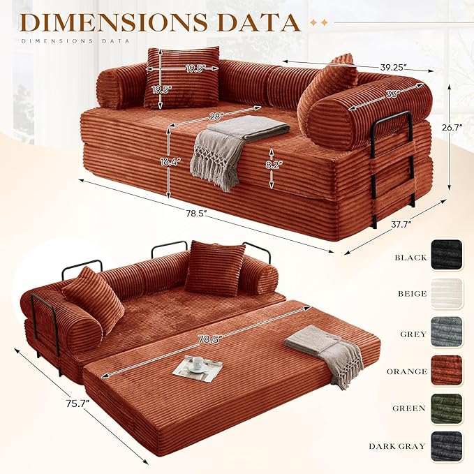 78.5W Convertible Folding Sofa Bed Corduroy Upholstered Queen Size Foam Floor Couch with Fixed-Shaped Frame Loveseat Sleeper Compression Sofa Foldable Mattress for Living Room Bedroom(Orange)