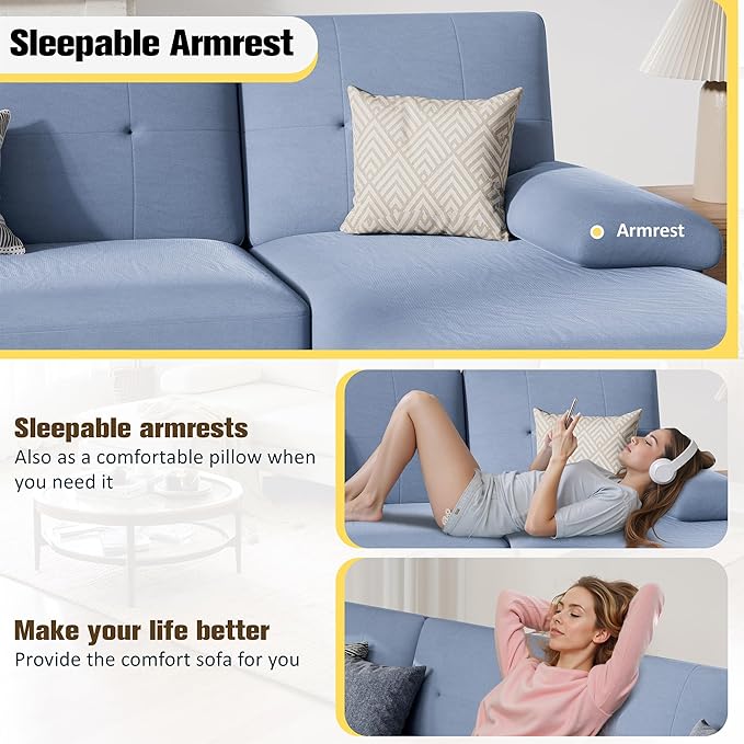 JY QAQA Sectional Couche with Soft Cushion U-Shaped Sofa with Double Chaise 4-Seat Linen Fabric Sofa Sets for Living Room Apartment Blue
