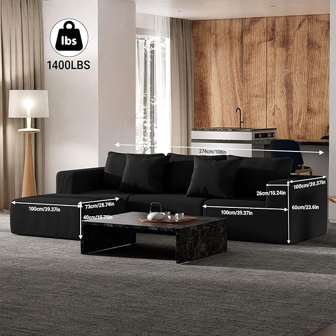 Modern Cloud Sectional Couches for Living Room Convertible L-Shape Boneless Couches with Ottoman 3 Seater Corduroy Modular Sectional Sofa with Pockets No Assembly (Black) | Sectional Couches L-Shap