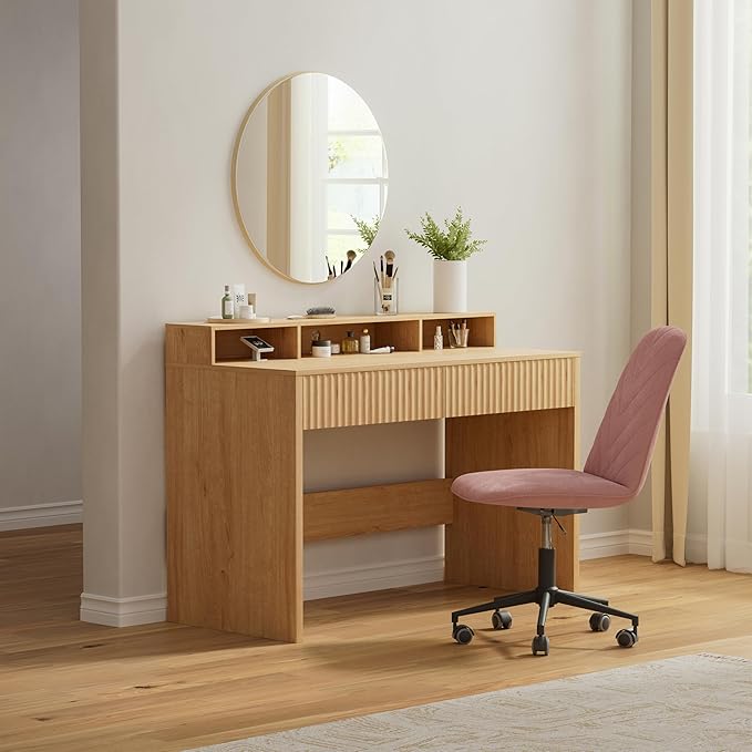 47 Executive Desk with Fluted Drawer Modern Home Office Desk with Long Monitor Stand and 2 Drawers Computer Writing Desk for Study Office Vanity Natural Oak