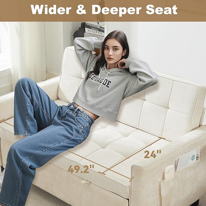 Tbfit 57 Convertible Sofa Bed Chenille Futon Sleeper Sofa Couch with Pullout Bed USB &amp Adjustable Backrest Full Size Pull Out Loveseat Couches for Living Room Apartment Office Dorm Beige