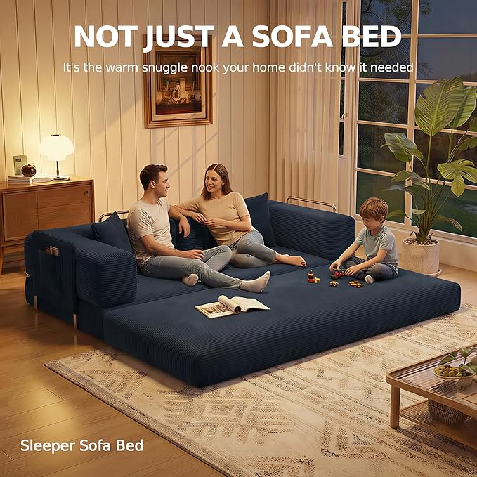 MoonSpeak 78.8''Sleeper Couch Bed for LivingroomConvertible Modular Sofa with Armrest PillowModular Foldable Corduroy Couches in a BoxNo Assembly (Blue)