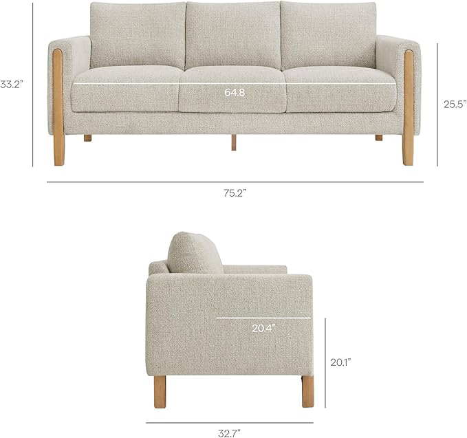Modway Hawken 75 Inch Mid-Century Modern Boucle Sofa in Parchment Beech with Wood Legs – Comfortable 3-Seater Couch for Living Room Apartment or Office Lounge