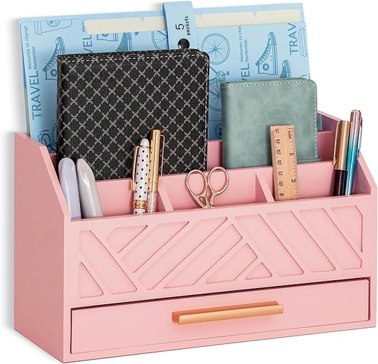 Pink Wood Desk Organizer and Accessories with Drawer Bill Mail Organizer and File Mail Holder for Office Supplies Modern Desk Accessories &amp Workspace Organizers for Desk Organization