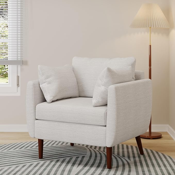 GDFStudio Club Chair Accent Armchair Accent Arm Reading Chair for Living Room Upholstered Armchair Lounge Chair with Comfy Cushion Wooden Leg for Bedroom Office Beige