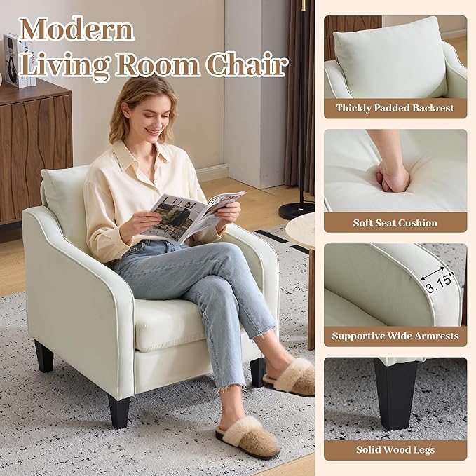 Accent Chair for Living Room Modern Linen Fabric Upholstered Armchair Comfy Reading Chair for Bedroom Mid Century Single Sofa Chair with Solid Wood Legs for Apartment Office Beige