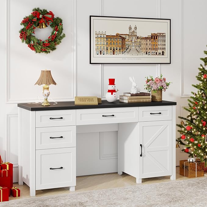 Farmhouse 61 Executive Desk with 5 DrawersRustic Office Computer Desk with Charging StationFile Drawers and Storage Cabinet Wood Workstation for Home Office and Study Black.
