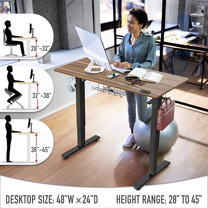 SHW 48-Inch Electric Height Adjustable Standing Desk with Drawer Memory Preset and Cable Management Tray Walnut