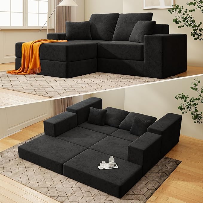 Cloud Modular Sectional Sofa Comfy Boneless Couch for Living Room Modern L-Shaped Couch with Reversible Chaise Customizable Sleeper Sofa with Non Slip No Assembly &amp Deep Seat Black