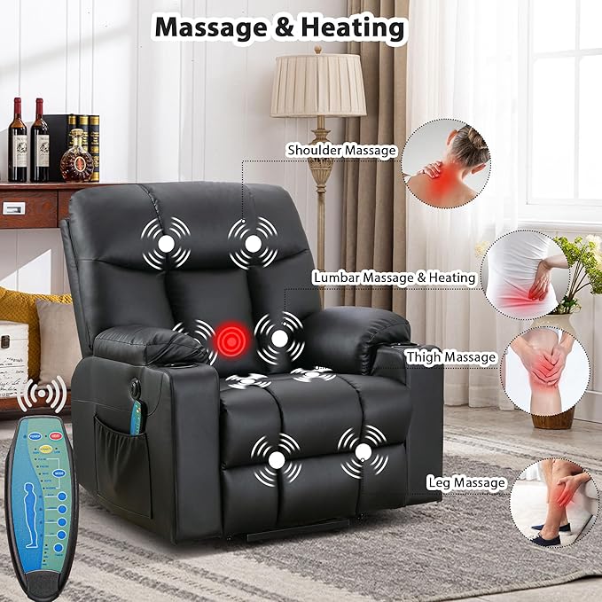 Bonzy Home 26 Extra Wide Lift Chair with Heat and Massage Faux Leather Power Lift Recliner Massage Chair for Adults Elderly Upholstered Recliner with 2 Cup Holders Side Pocket